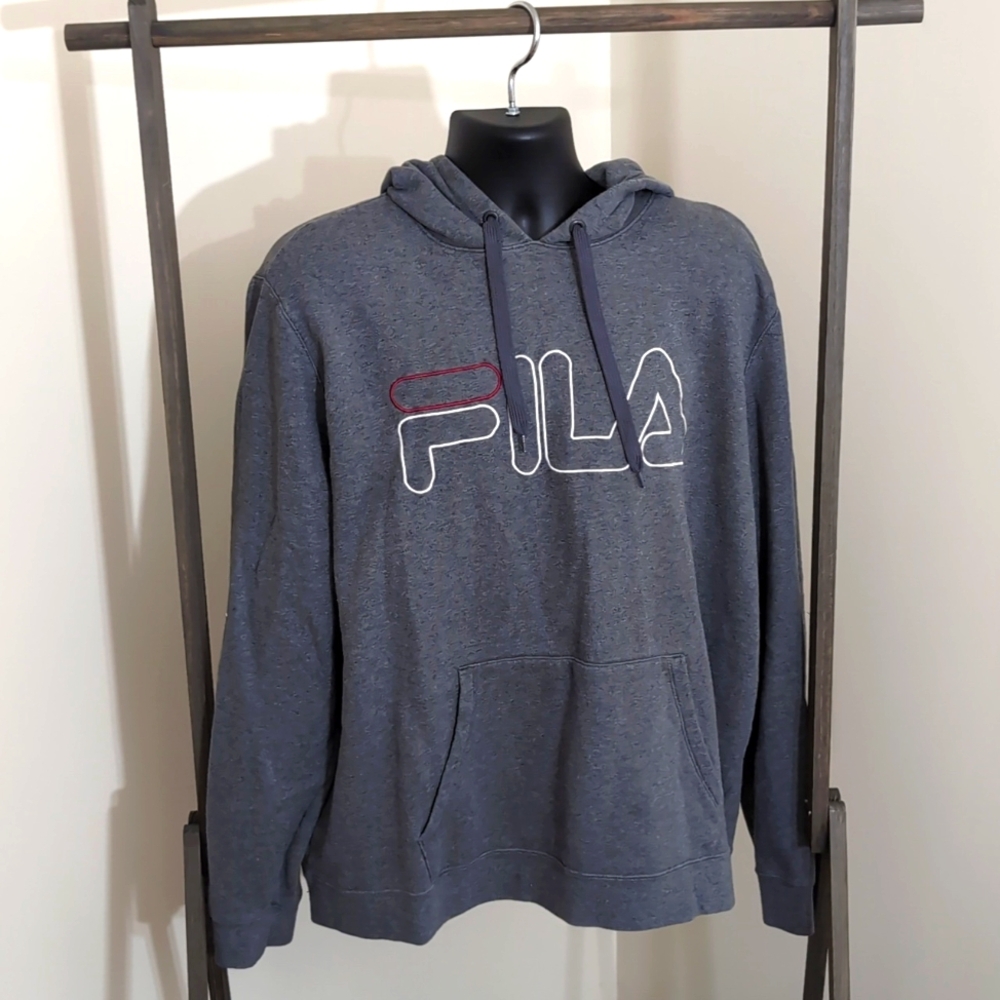 FILA| Grey Long Sleeve Hoodie Sweatshirt With Front Pouch Cotton Blend - Picture 1 of 14